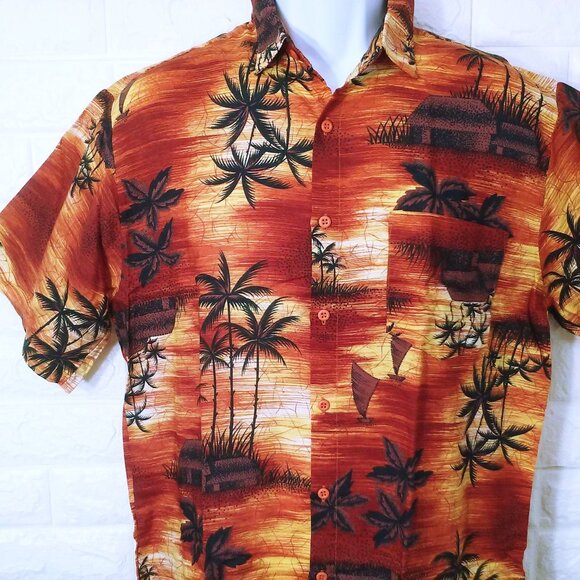 Vintage 80s Robinsons Red Bag Aloha Shirt -M Pocket SSL Vents Tropical Palm Tiki - Picture 3 of 11